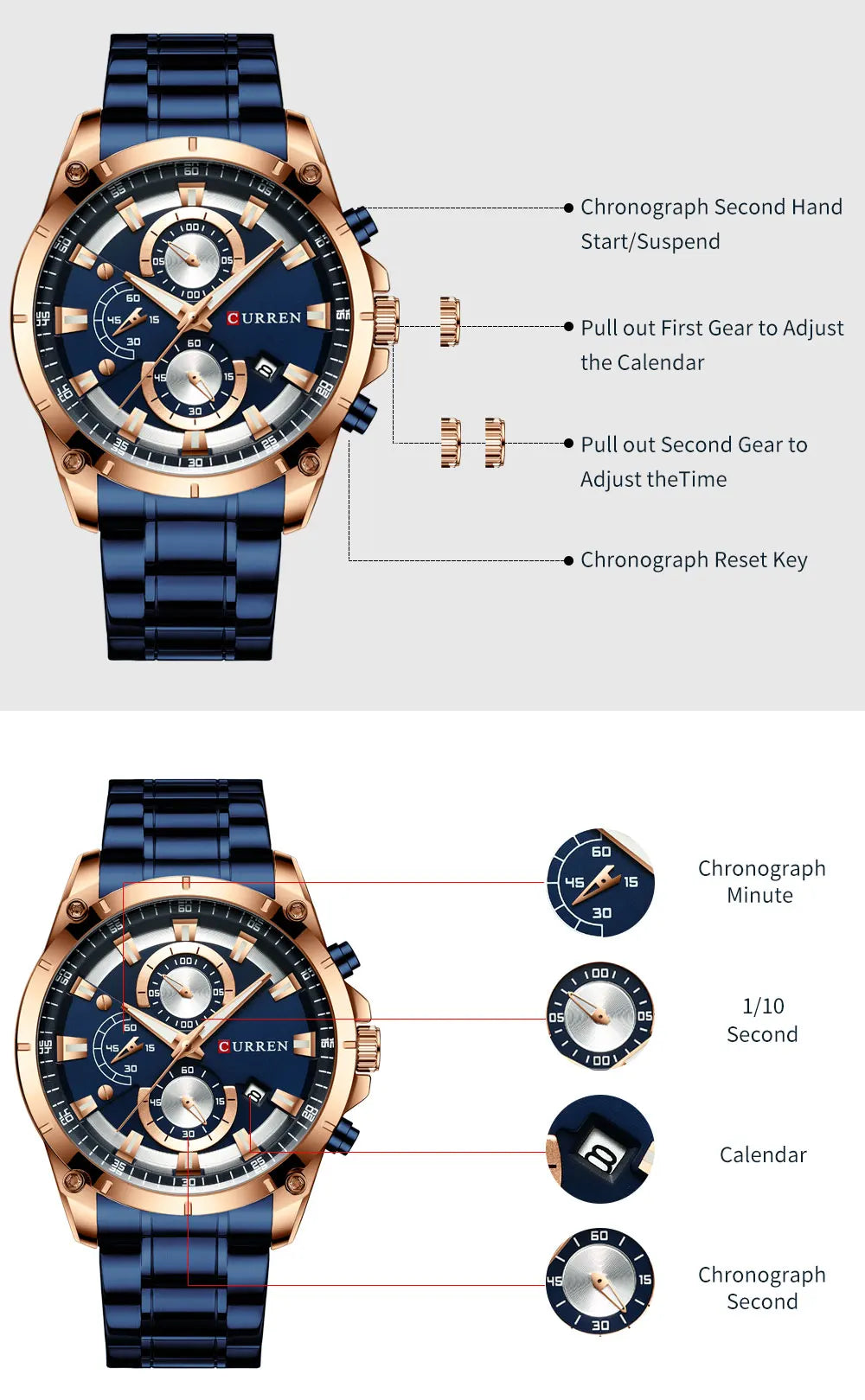 Men’s luxury watch with a blue stainless steel strap, rose gold bezel, blue dial, chronograph features and date window.