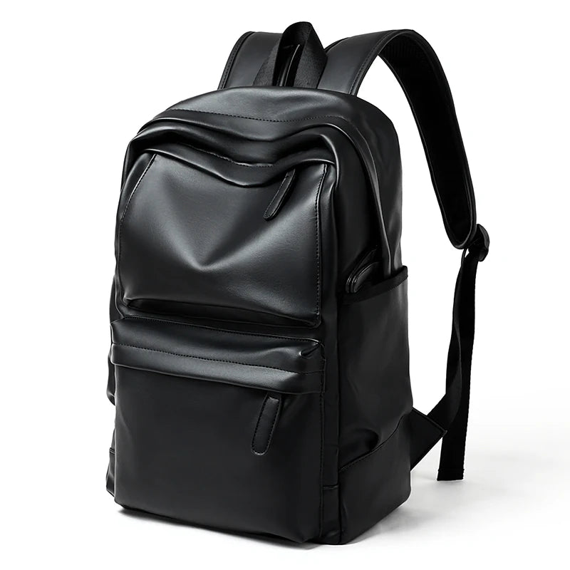 Professional black PU leather laptop backpack with a sleek design, multiple zip compartments, and adjustable straps.