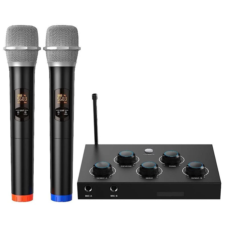 Two black wireless microphones with digital displays and a black audio mixer unit with adjustable control knobs.