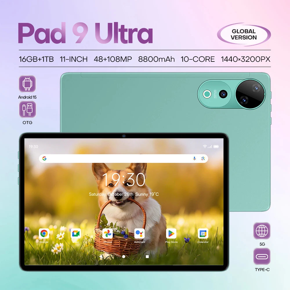 Sage green 11-inch Android 15 tablet with 16GB RAM, 1TB storage, and a sharp, modern display.