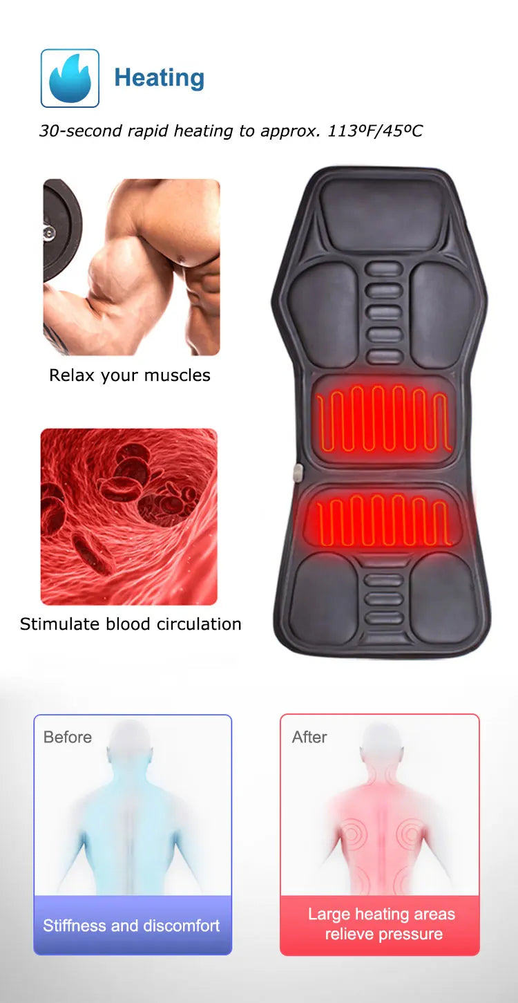Black electric back massager cushion featuring heated segments and vibration therapy for muscle relaxation and relief.