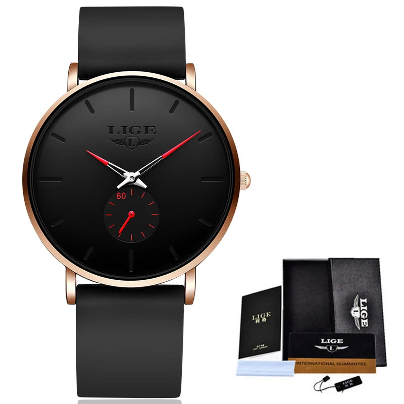 Black quartz watch with rose gold case, black dial, red accents, sub-dial, and black silicone strap next to a LIGE box.