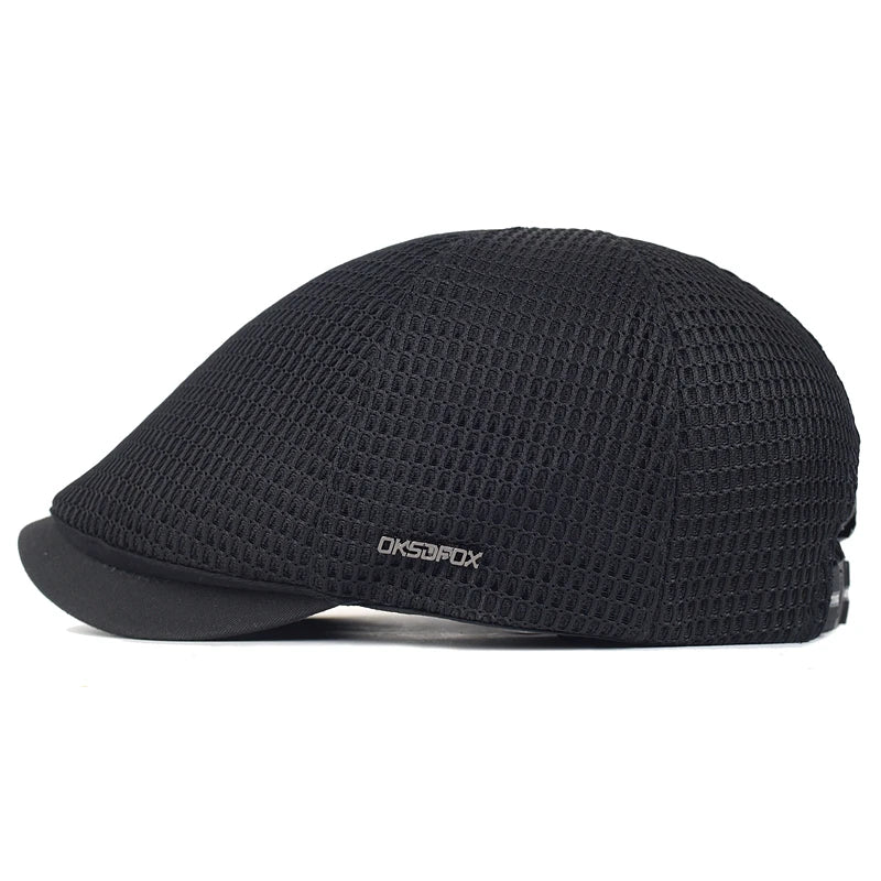 Black unisex flat cap in a lightweight, breathable mesh fabric with a solid brim.