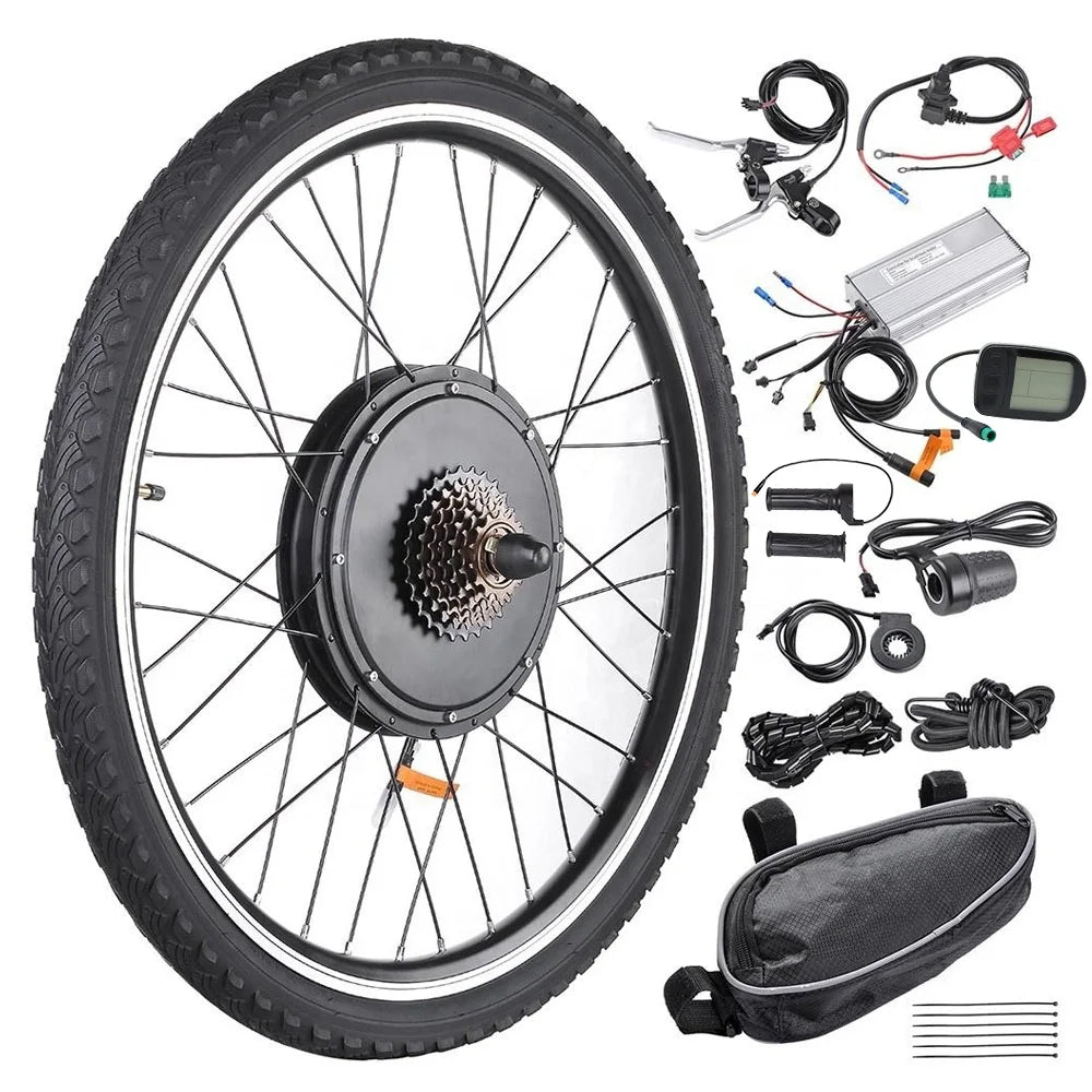 Electric bike conversion kit with a black motor wheel, controller, LCD display, throttle, and accessories in a bag.