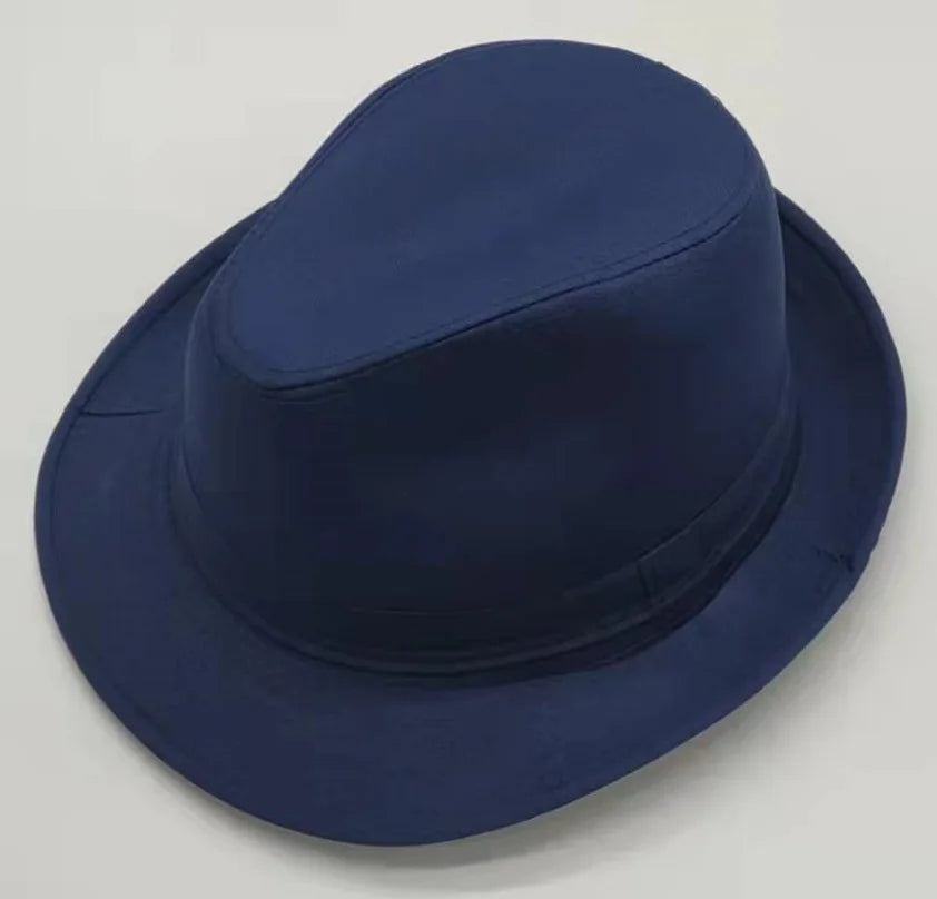 A classic navy blue fedora hat with a pinched crown and a structured brim, shown from a top-down angle.