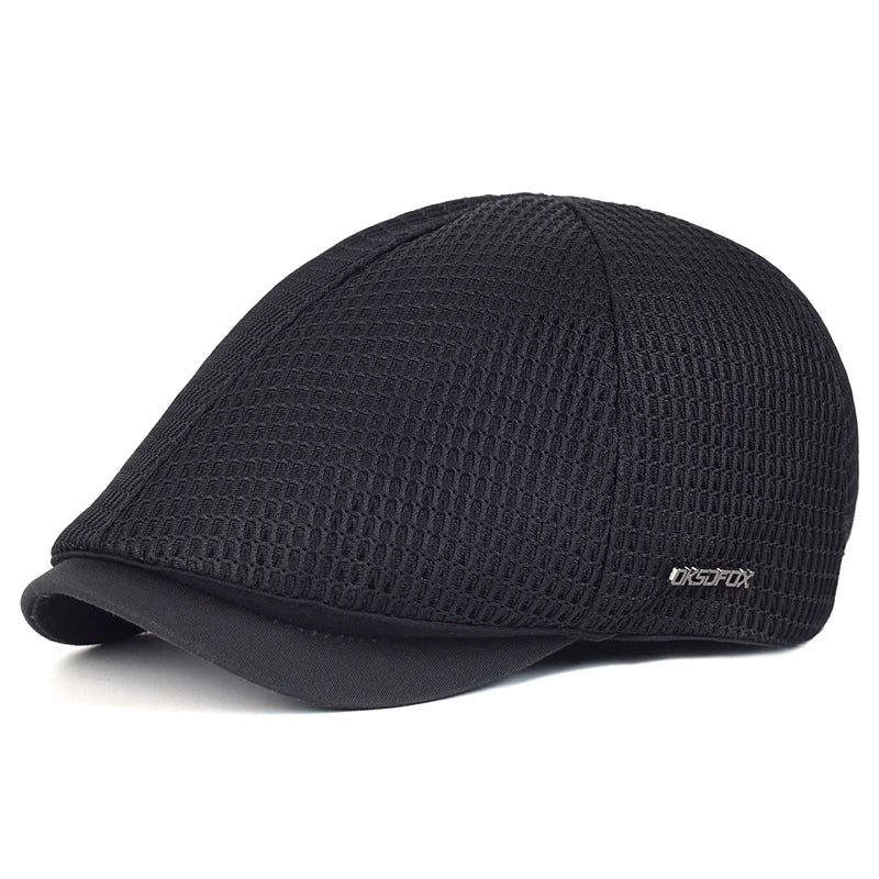 Black unisex flat cap in a breathable, textured mesh fabric with a solid brim.