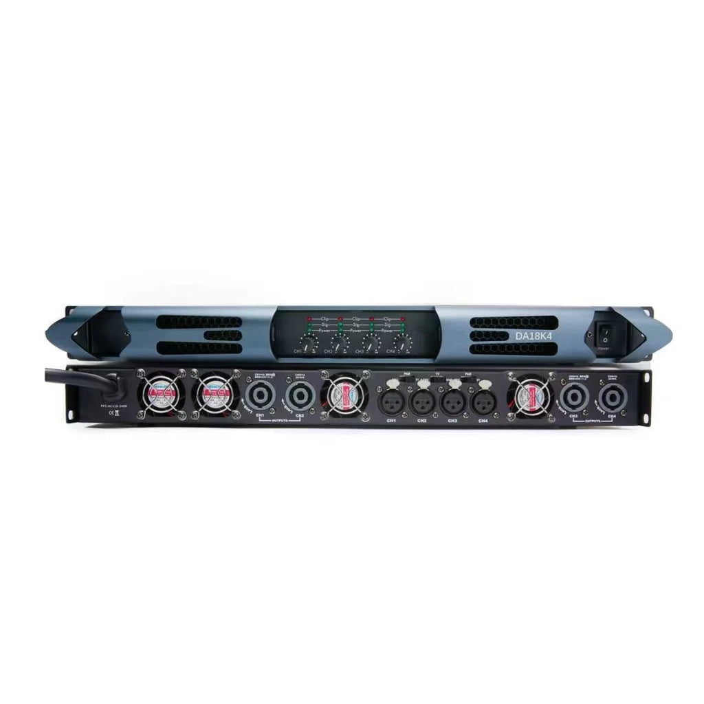 Professional 4-channel power amplifier in metallic blue, showing front controls and rear cooling fans with XLR ports.