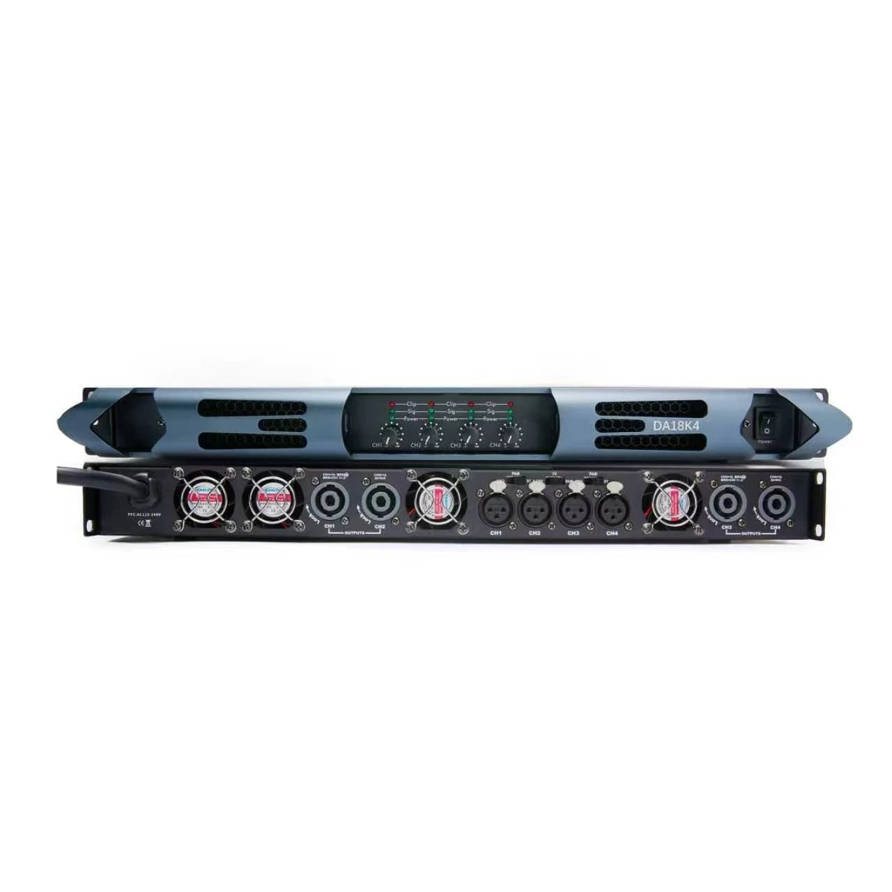 Professional 4-channel power amplifier in metallic blue, showing front controls and rear cooling fans with XLR ports.