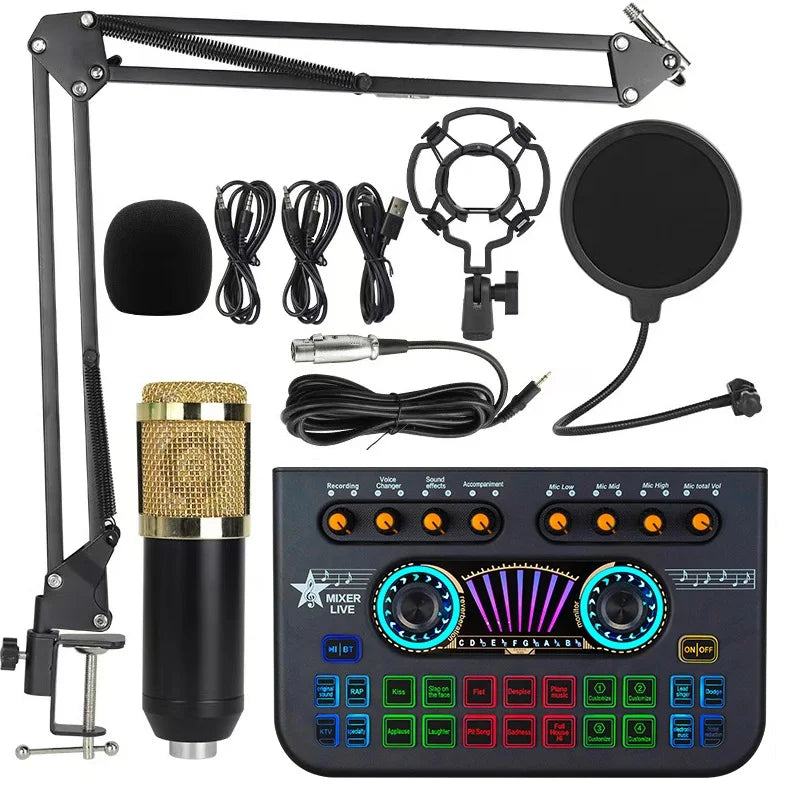 Black studio audio mixer kit with gold-mesh microphone, adjustable boom arm, pop filter, cables and sound effect pads.