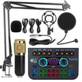Black studio audio mixer kit with gold-mesh microphone, adjustable boom arm, pop filter, cables and sound effect pads.