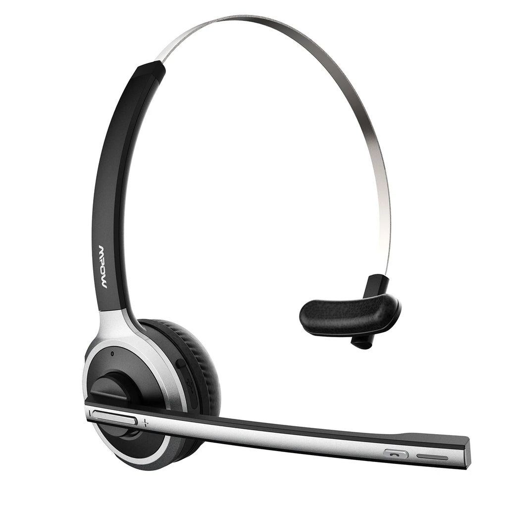 Black and silver wireless headset with an adjustable headband, padded earcup, and a rotating boom microphone.