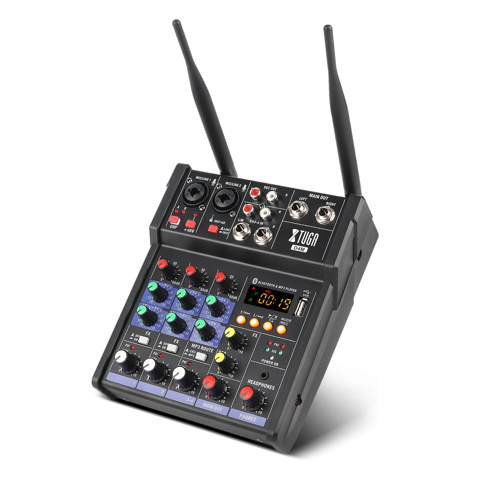 Black 4-channel audio mixer with two antennas, rotary control knobs, digital display, and various input/output ports.