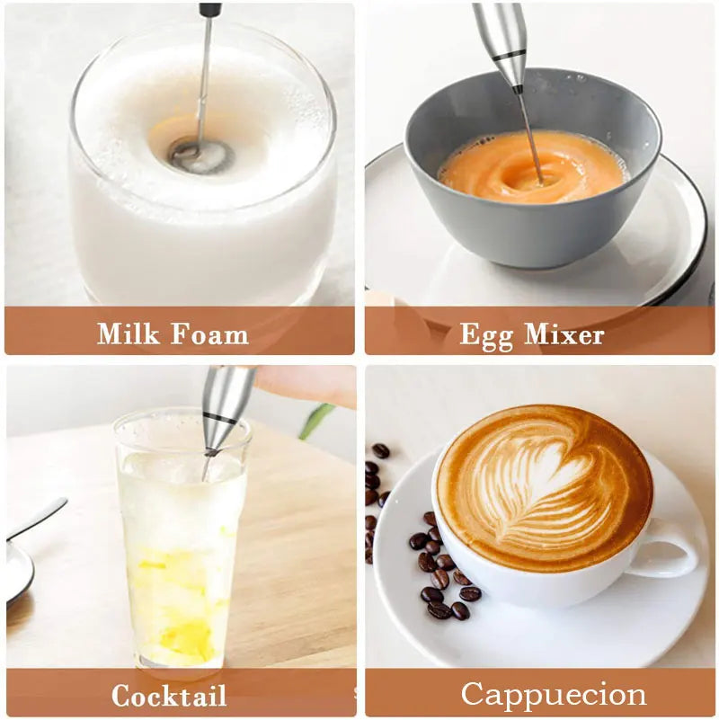 Collage showing a handheld silver electric whisk frothing milk, mixing eggs, blending a cocktail, and making coffee.