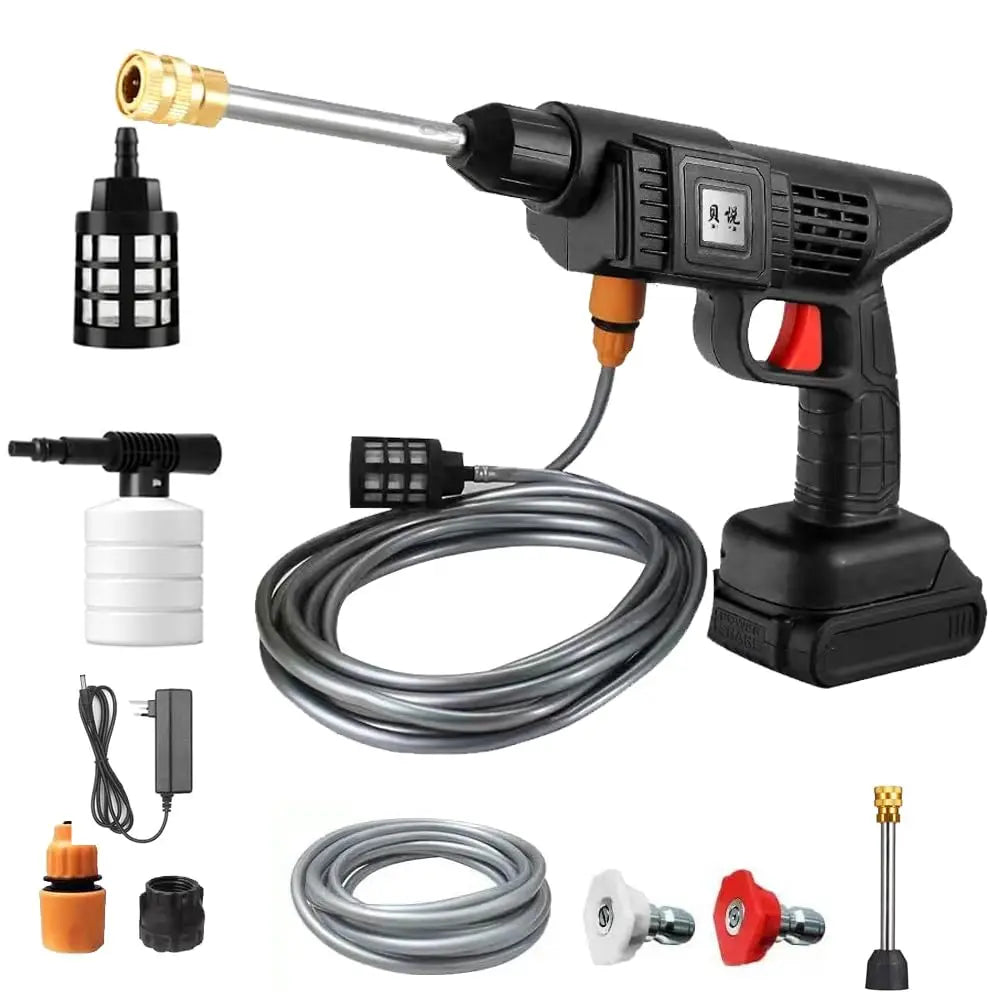 Portable black electric car washer with a gold-tipped spray nozzle, hose, battery pack, and various cleaning attachments.
