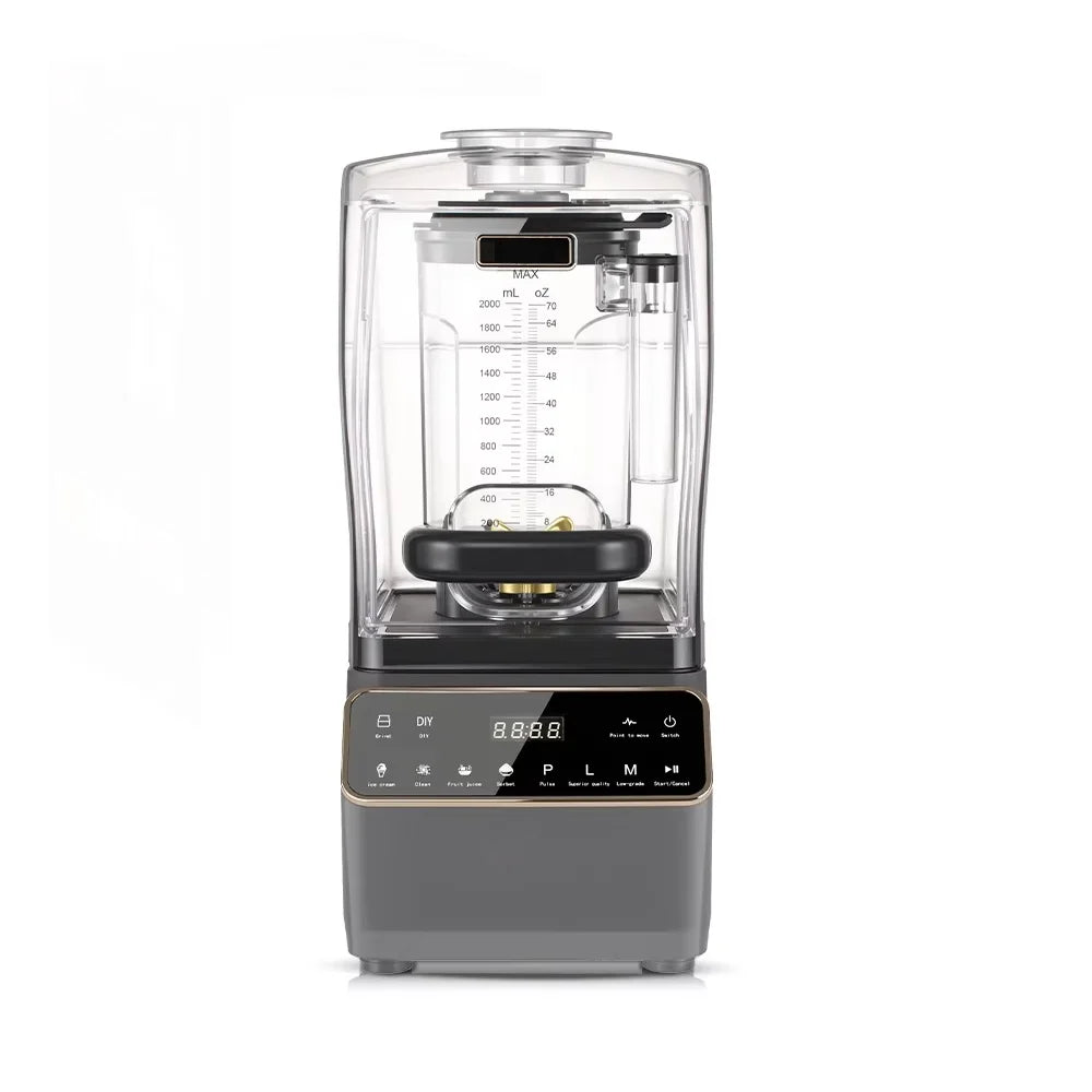 Grey professional blender with a clear sound-dampening enclosure and a digital touchscreen control panel.