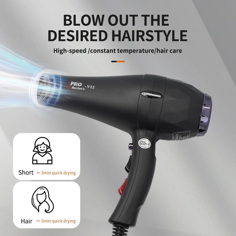 Matte black 2600W professional hair dryer with powerful airflow and quick-drying features for various hair lengths.