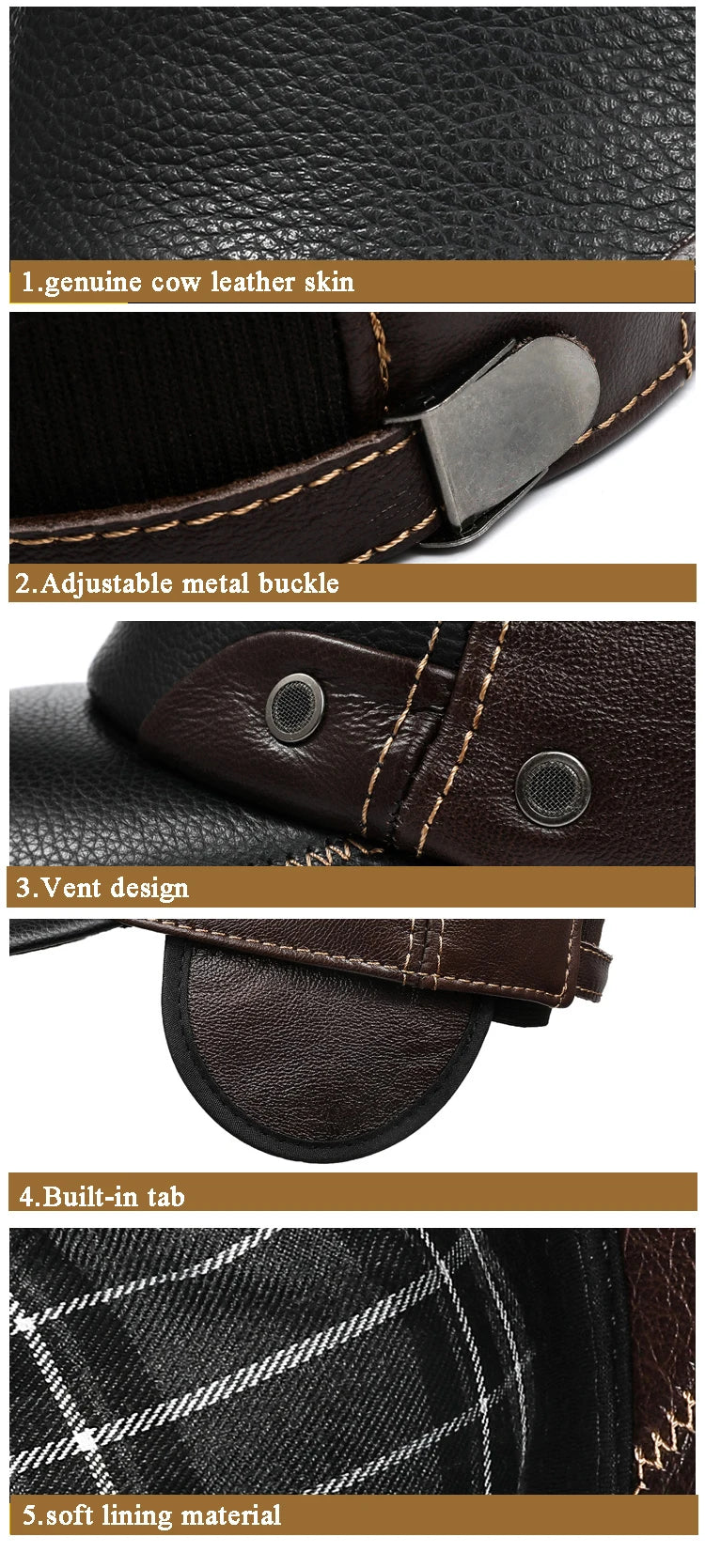 Close-up of a brown leather winter baseball cap featuring an adjustable metal buckle, side vents, and a plaid lining.