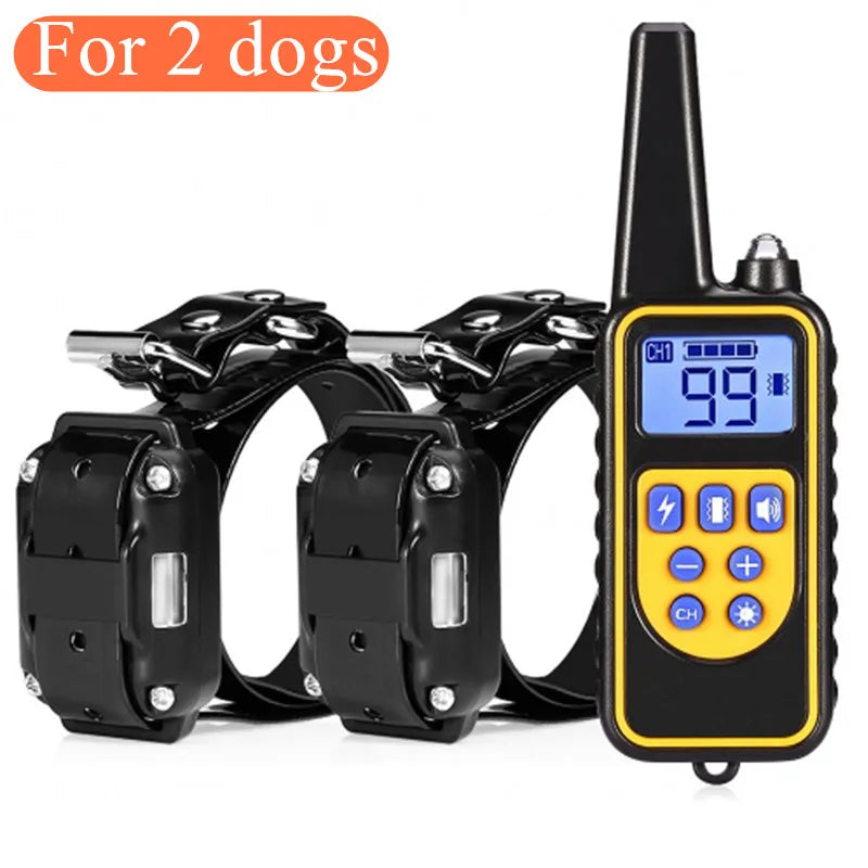 Two black dog training collars with a matching remote control featuring an LCD screen and yellow operation buttons.