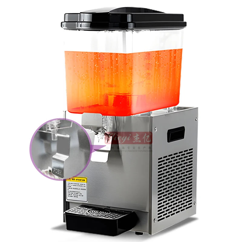 Stainless steel commercial slush machine with 16L transparent tank, black lid, and orange liquid.