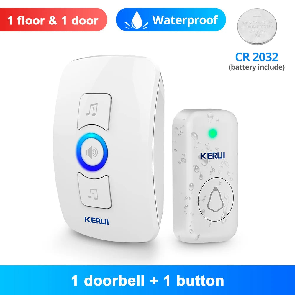 White plastic wireless doorbell receiver and waterproof transmitter button with CR 2032 battery included.
