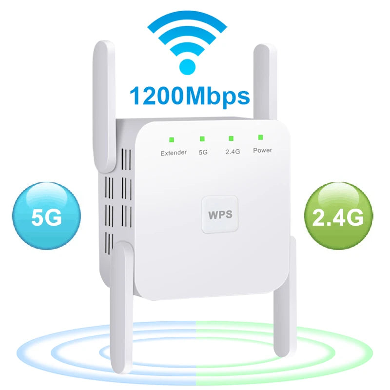 White dual-band WiFi signal booster with four antennas, 1200Mbps speed, WPS button, and status indicator lights.