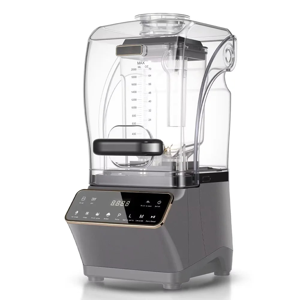 Professional-grade grey blender with a clear sound-dampening cover, touch display, and measurement markings.
