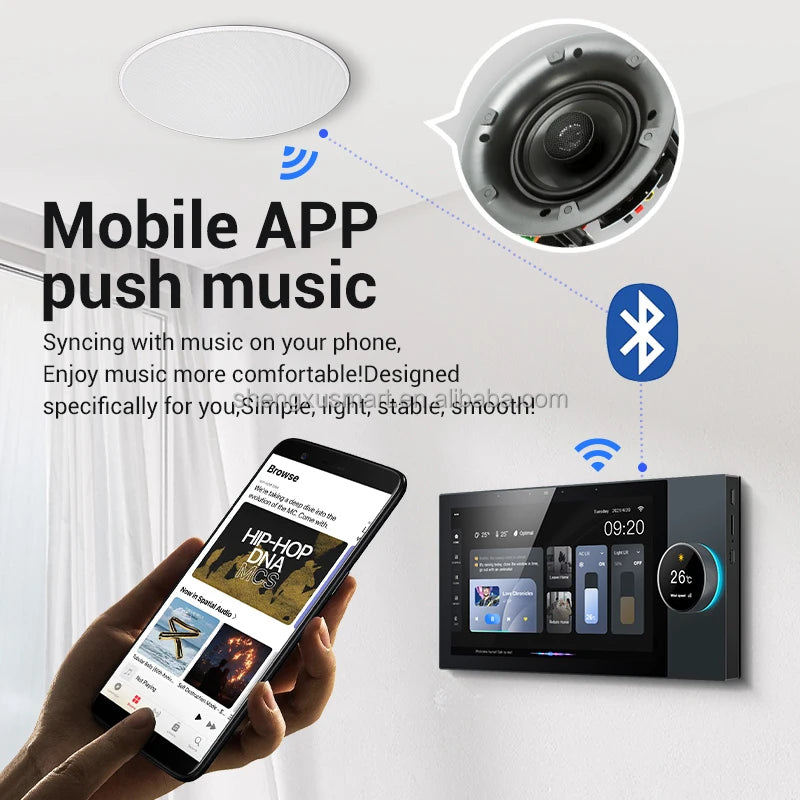 10-inch black wall-mounted smart touch panel displaying home controls, wirelessly connected to a ceiling speaker.