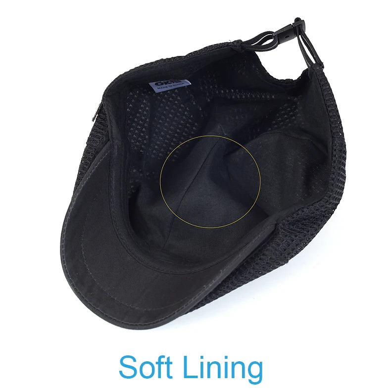 Black unisex flat cap made of breathable mesh fabric, featuring a soft inner lining and an adjustable back strap.