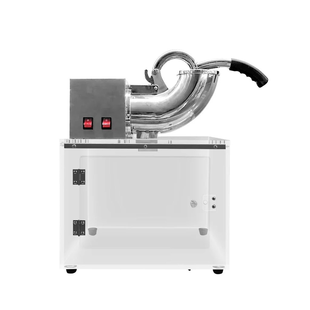 Silver electric ice crusher with a clear acrylic base and a manual handle, set against a white background.