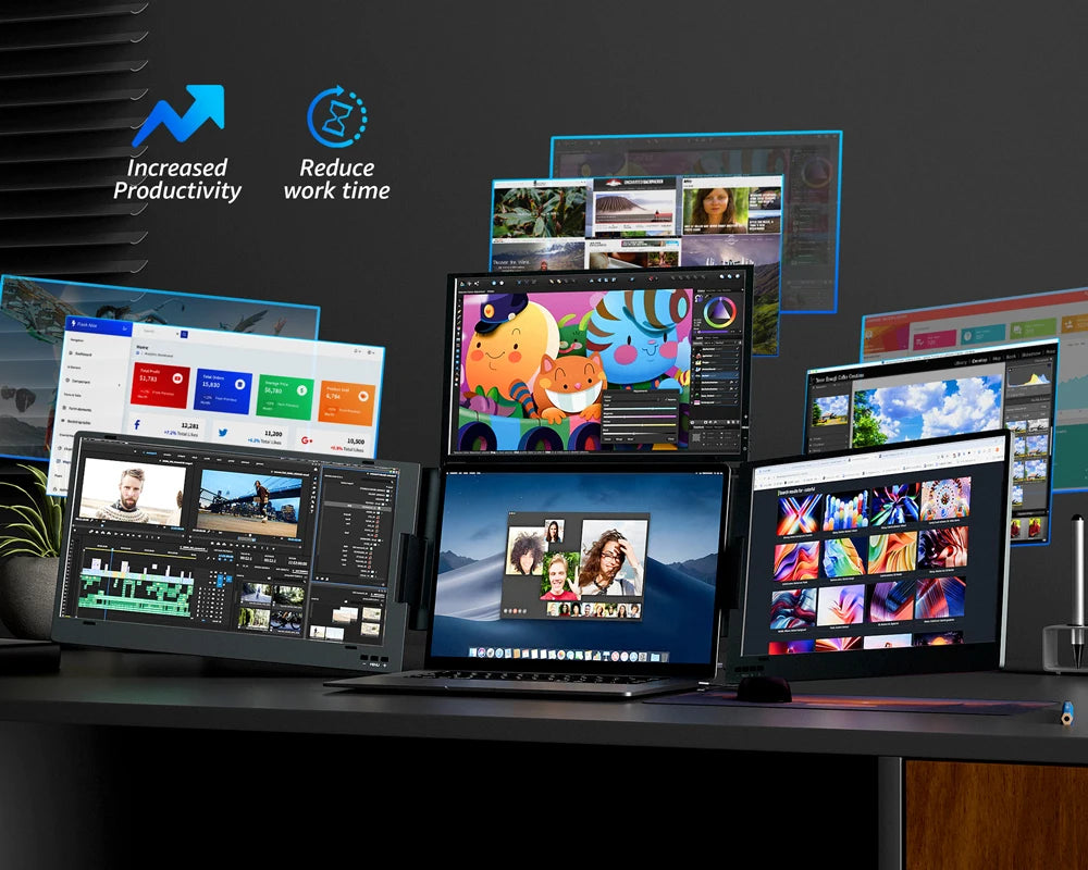 Portable 14-inch tri-screen laptop extender in black, showcasing a multi-display setup to boost productivity.