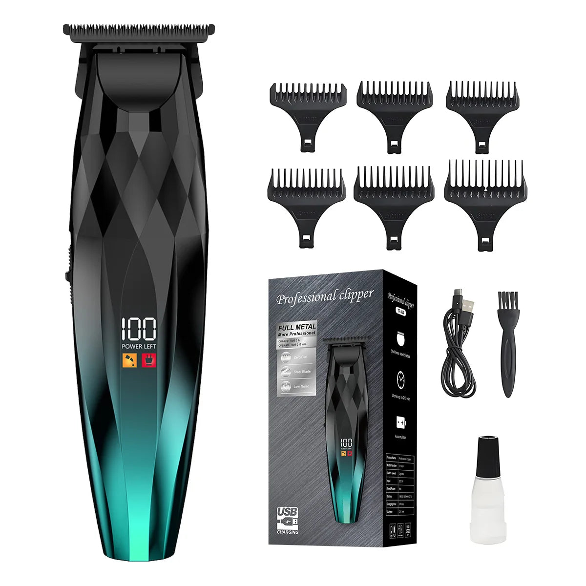 Black and teal cordless hair trimmer with T-blade, LED battery display, six guide combs, USB cable, brush, and oil.