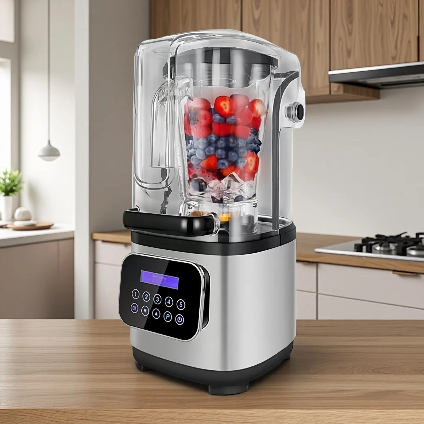 Silver countertop blender with a clear sound-shield cover and digital touch controls, filled with berries.