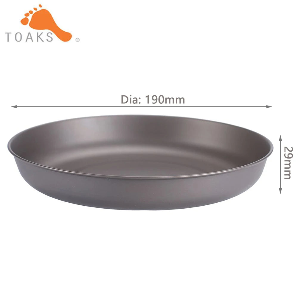 A dark gray Toaks camp plate with a 190 mm diameter and 29 mm height, viewed from a slightly high angle.