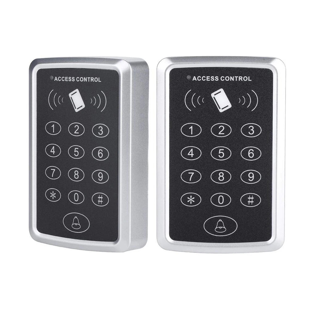 Two silver metal access control keypads with black number pads, doorbell buttons, and RFID card sensing icons.