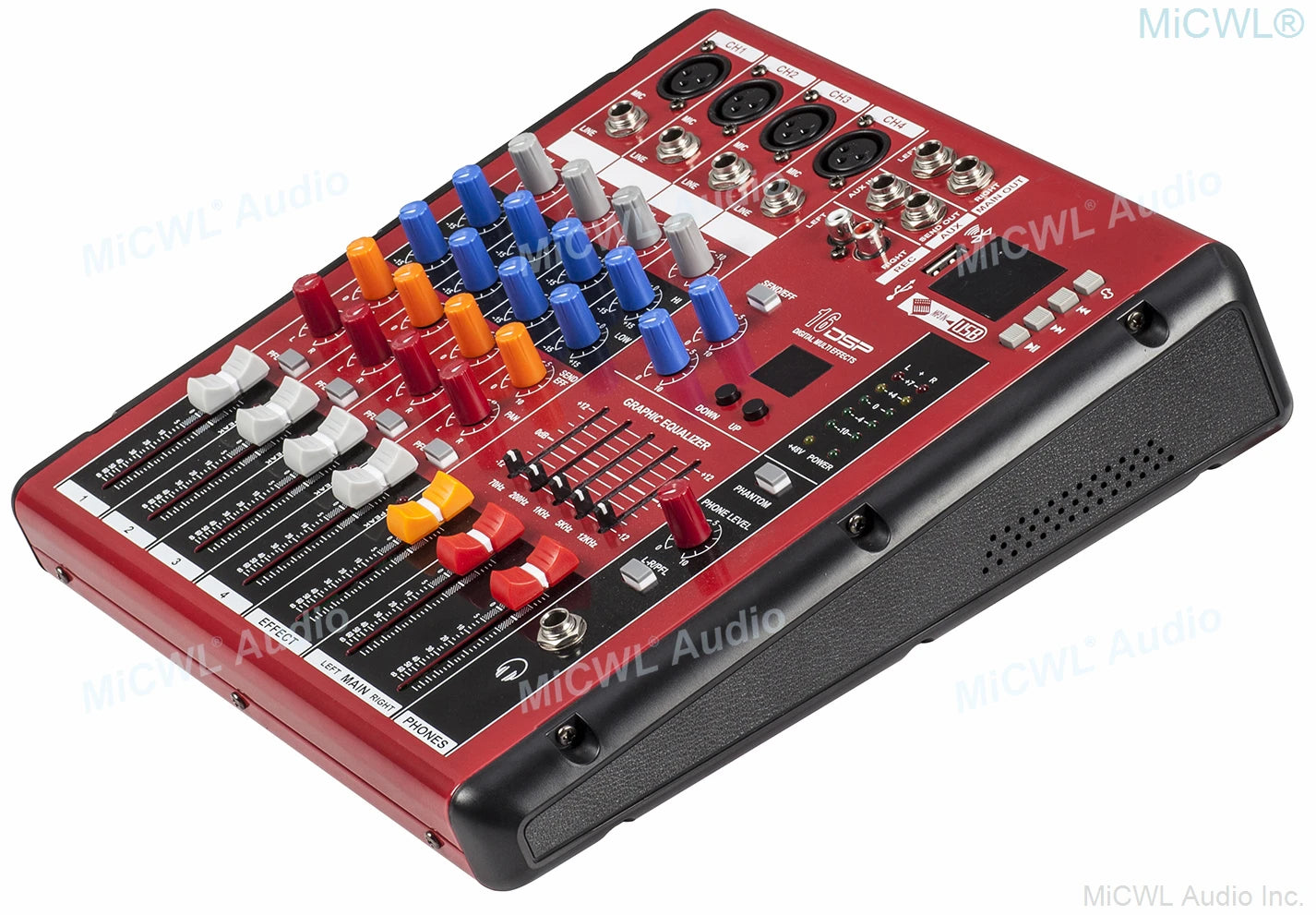 Compact red audio mixing console with colourful control knobs, faders, graphic equaliser, USB port, and Bluetooth.