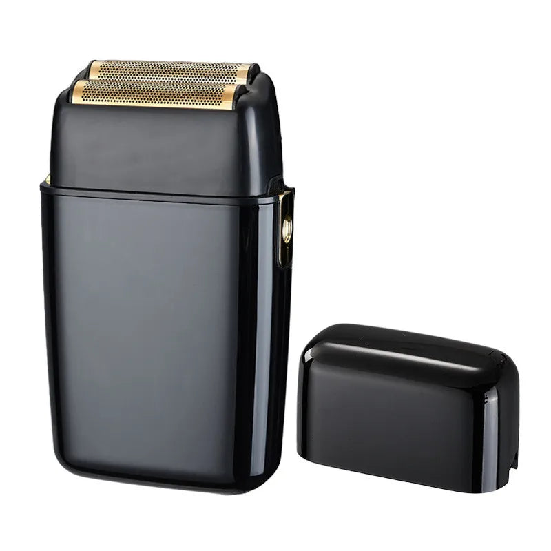 Black professional electric foil shaver with twin gold blades and a protective cap.