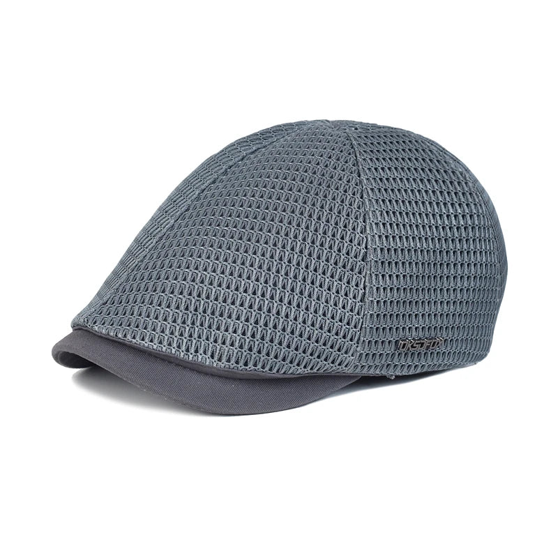Grey unisex flat cap made from breathable, lightweight mesh fabric with a solid brim.