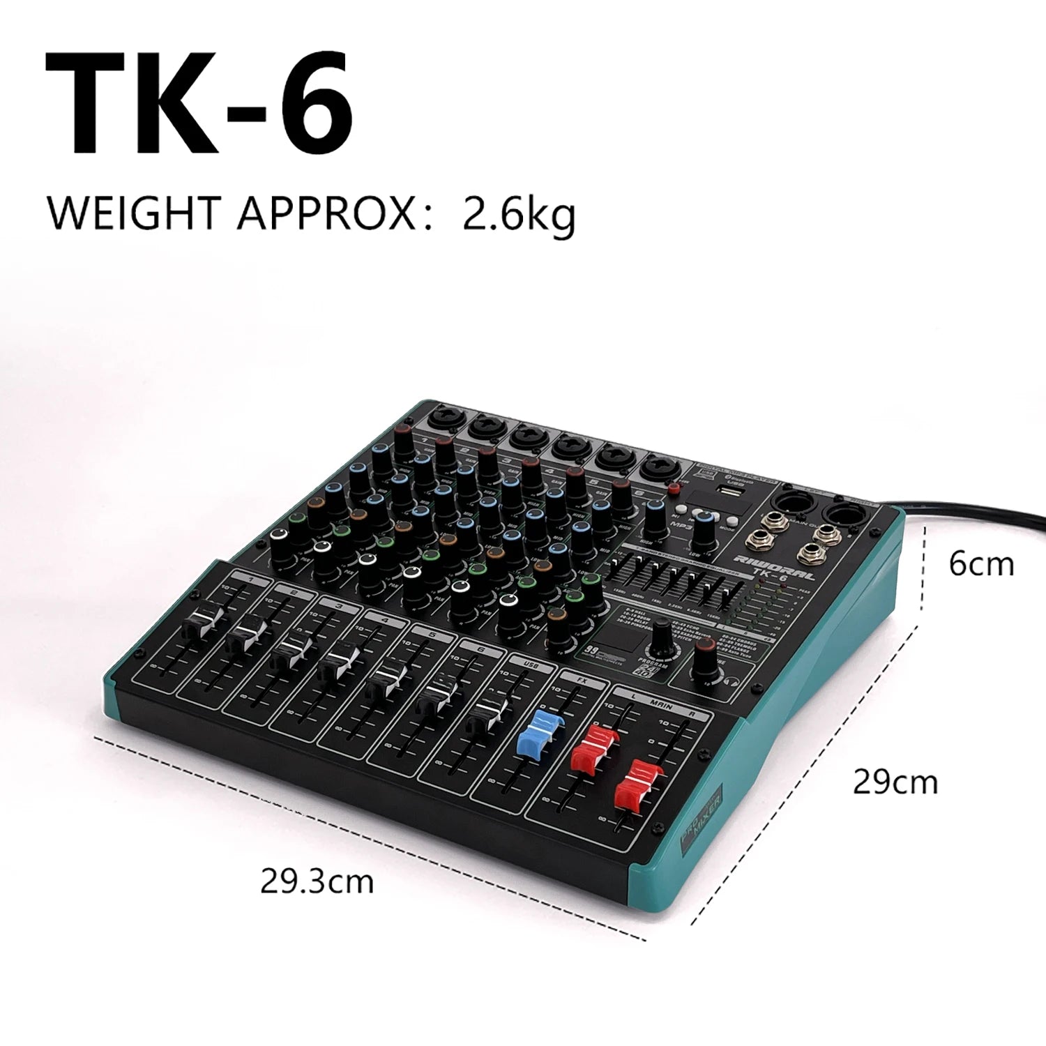 A 6-channel professional audio mixer with a black control panel, teal base, rotary knobs, and coloured faders.