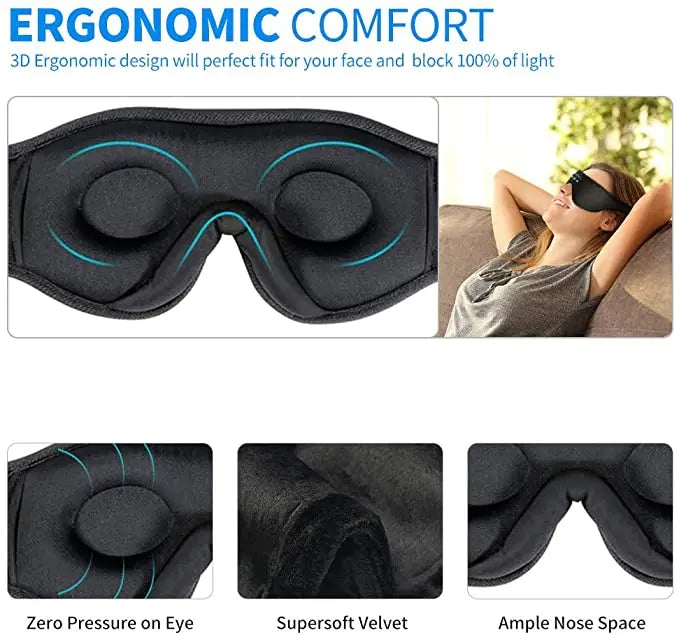 Black 3D contoured sleep eye mask with built-in Bluetooth headphones, featuring soft velvet fabric for total light block.
