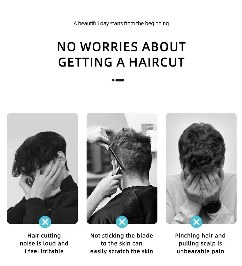 Black-and-white images showing men frustrated by loud, painful, or irritating hair-cutting experiences.