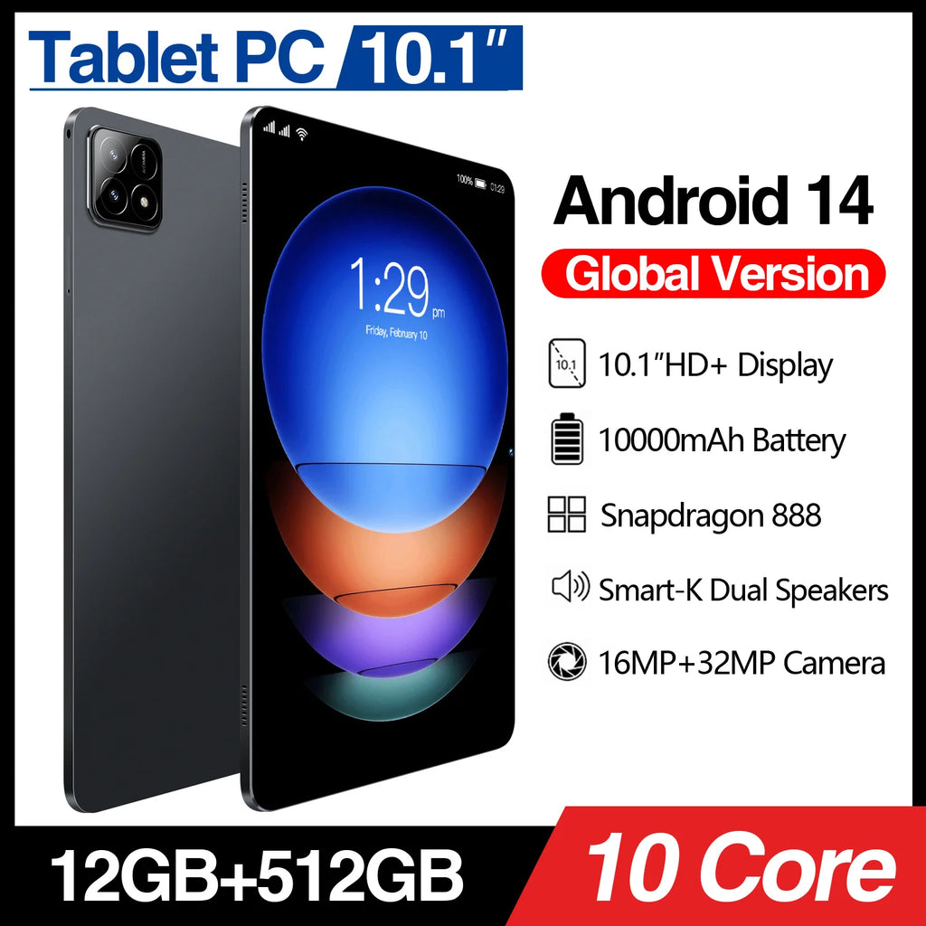A sleek grey 10.1-inch Android 14 tablet with a vibrant screen, dual speakers, and high-resolution camera setup.