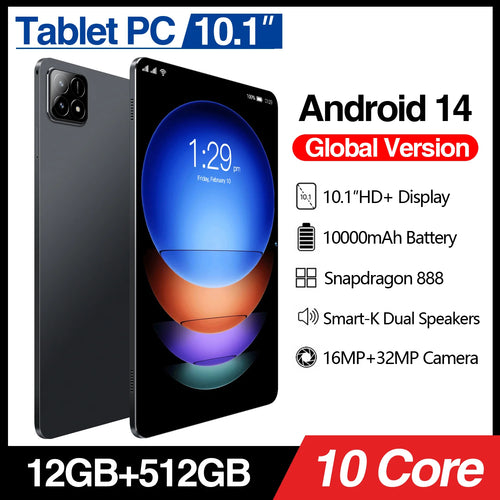 A sleek grey 10.1-inch Android 14 tablet with a vibrant screen, dual speakers, and high-resolution camera setup.