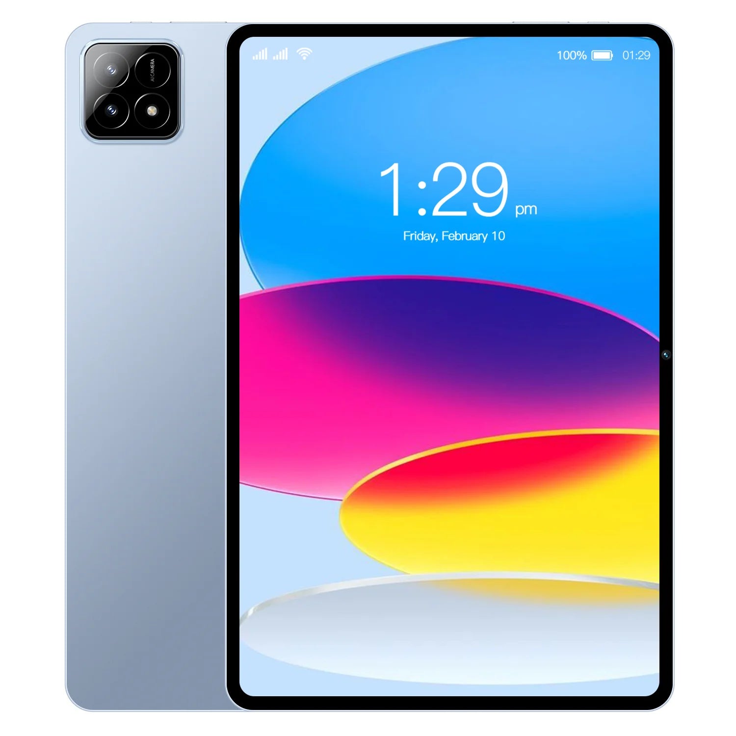 A slim, light blue 10.1-inch tablet with a triple-lens rear camera and a vibrant, colourful touchscreen display.