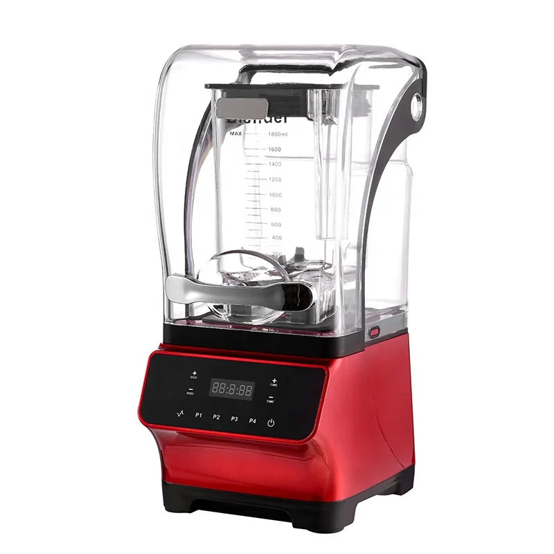 Commercial-style red blender with a clear sound-dampening cover, black base, and digital touchscreen controls.