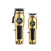 Gold professional hair clippers and trimmer set with black grips and digital LED battery displays.