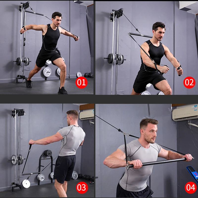 Four panels show men demonstrating exercises using a wall-mounted cable pulley machine with various attachments.