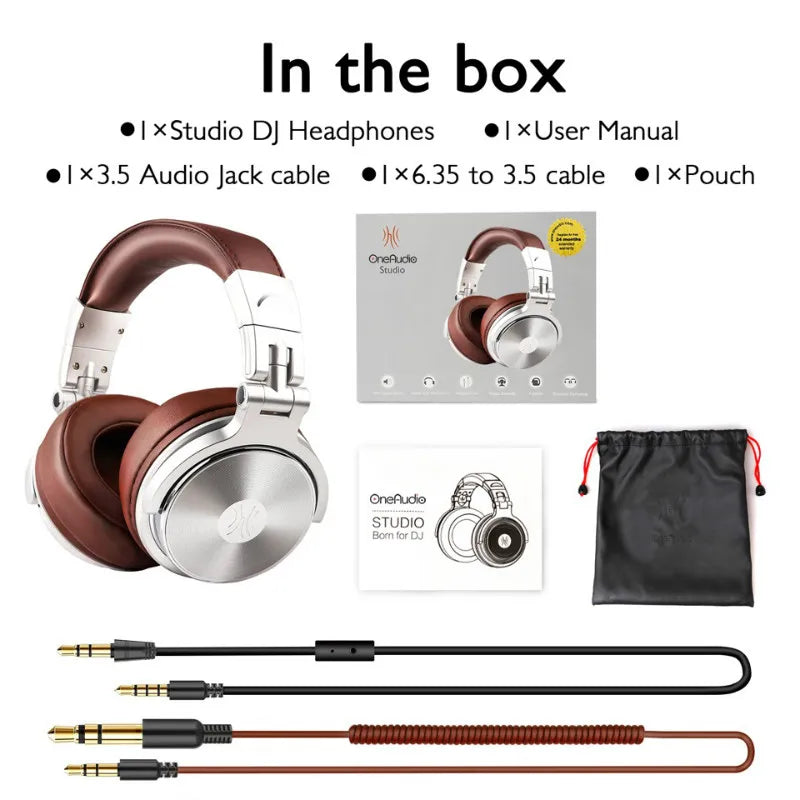 Brown and silver over-ear wired headphones with two audio cables, a user manual, and a storage pouch.