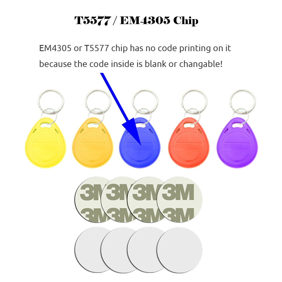 Five colorful plastic RFID key fobs with metal rings and four round adhesive discs with white 3M backing.