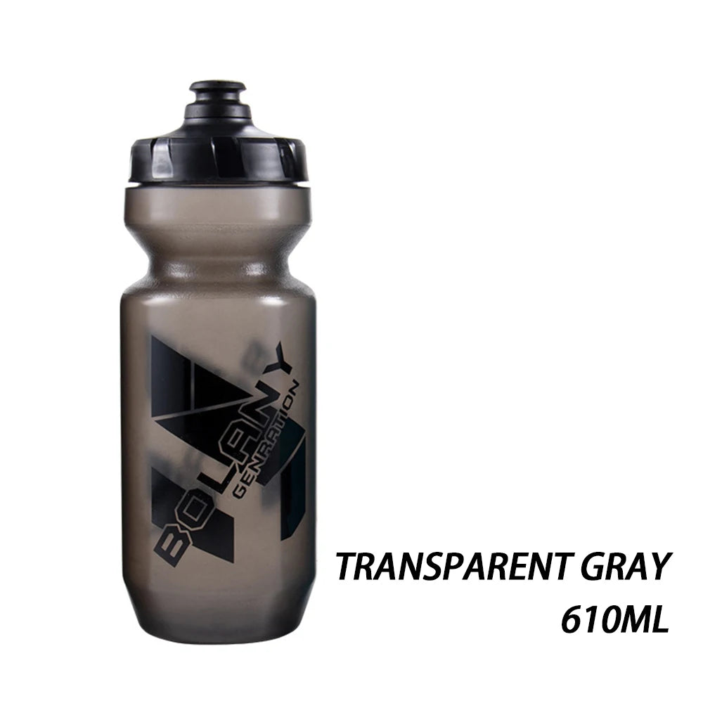 Transparent grey 610ml sports water bottle with a black screw cap and Bolany branding on the front.