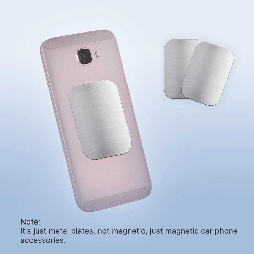 Rectangular silver metal plates for phone mounts, shown attached to a pink smartphone and as loose individual pieces.